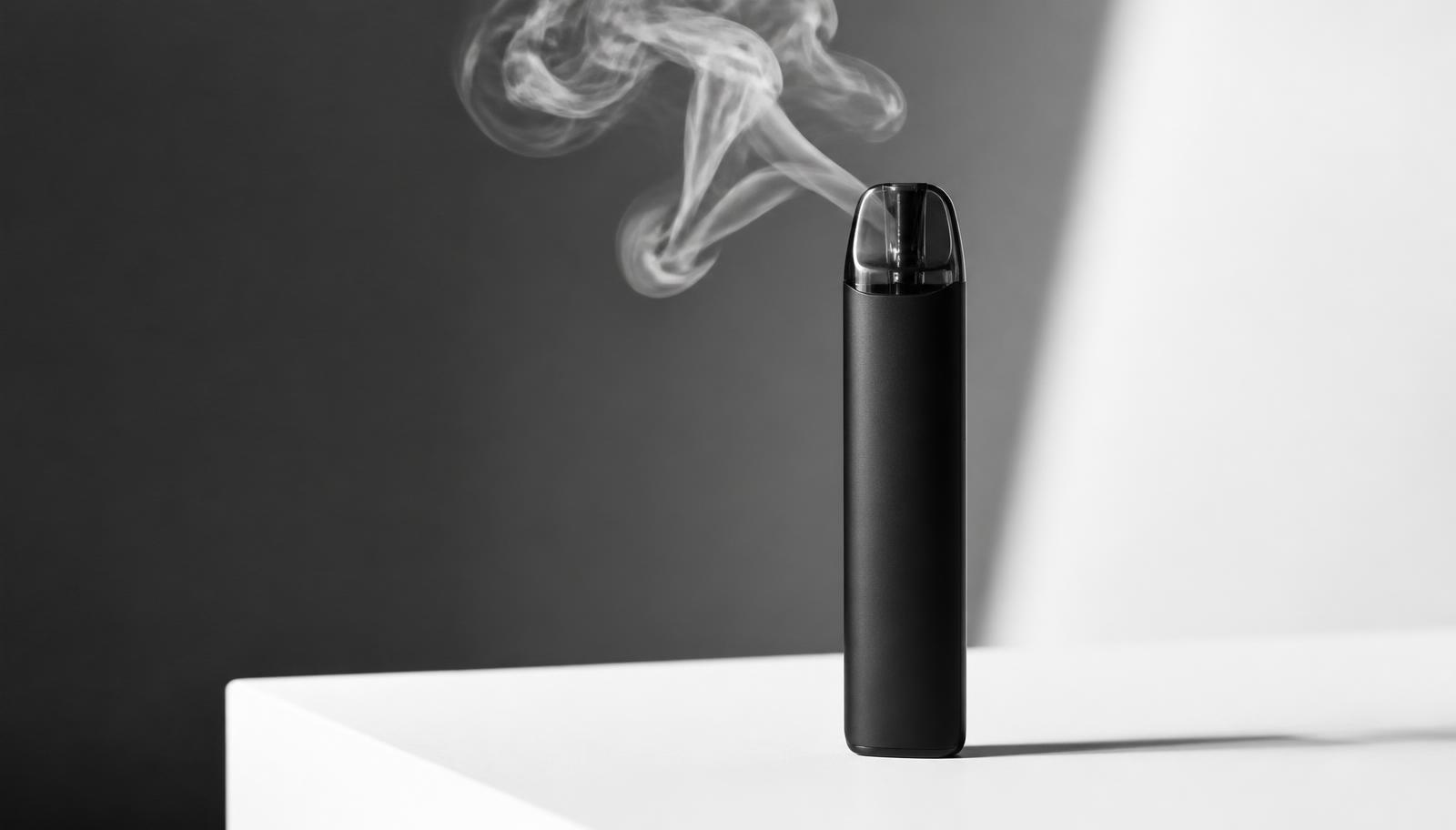 Matte black pod vape device with a plume of vapour, explaining how vaping works at The Vape Lounge Moraira