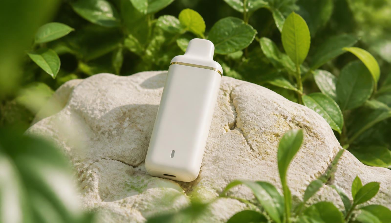 White reusable vape device resting on stone among green foliage, illustrating eco-friendly vaping